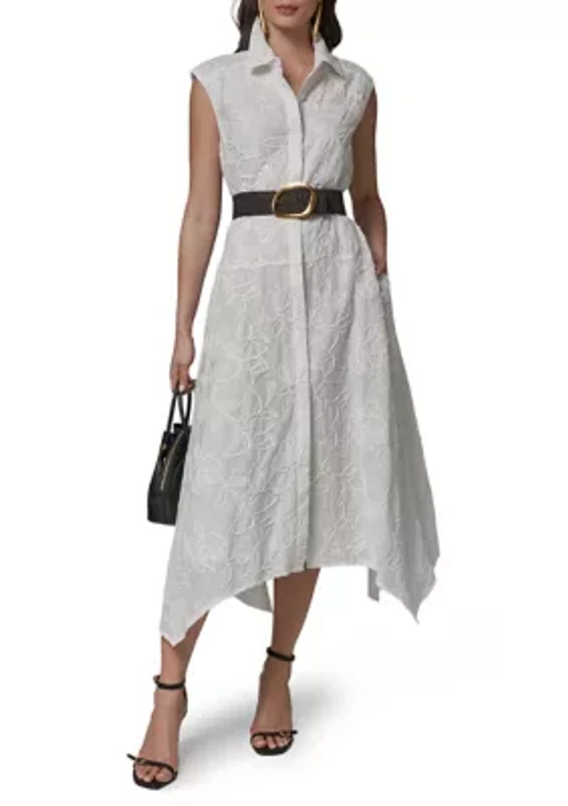 Women's Short Sleeve Embroidered Belted Shirtdress