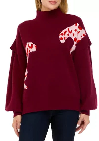 Women's Long Sleeve Mock Neck Jacquard Cat Sweater