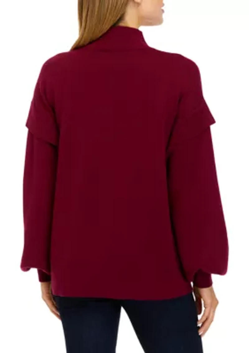 Women's Long Sleeve Mock Neck Jacquard Cat Sweater
