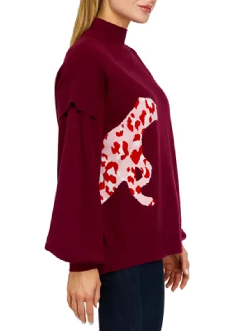 Women's Long Sleeve Mock Neck Jacquard Cat Sweater