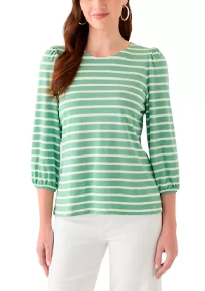 Women's 3/4 Puff Sleeve Yarn Dyed Top