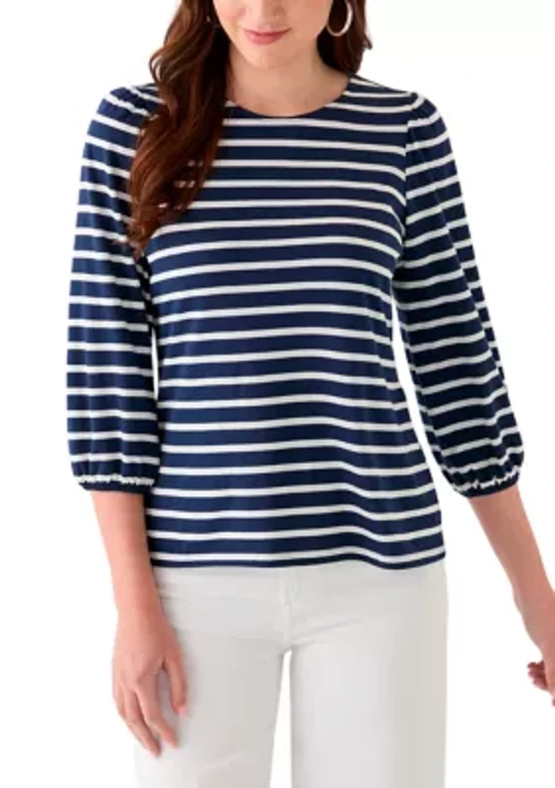 Women's 3/4 Puff Sleeve Yarn Dyed Top