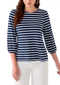 Women's 3/4 Puff Sleeve Yarn Dyed Top