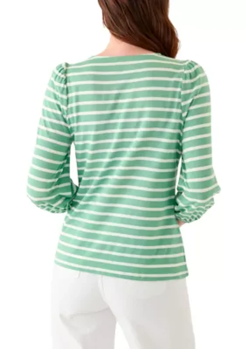 Women's 3/4 Puff Sleeve Yarn Dyed Top