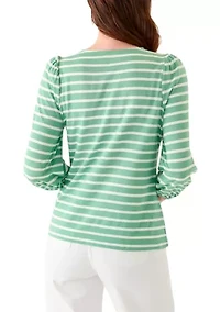 Women's 3/4 Puff Sleeve Yarn Dyed Top