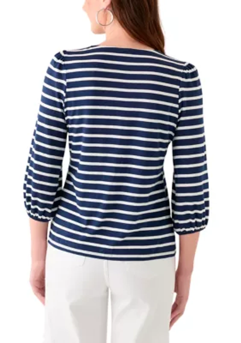 Women's 3/4 Puff Sleeve Yarn Dyed Top