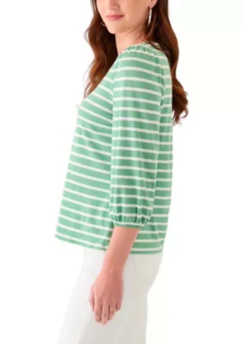 Women's 3/4 Puff Sleeve Yarn Dyed Top
