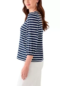 Women's 3/4 Puff Sleeve Yarn Dyed Top