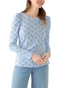 Women's Long Sleeve Pleated Shoulder Print T-Shirt
