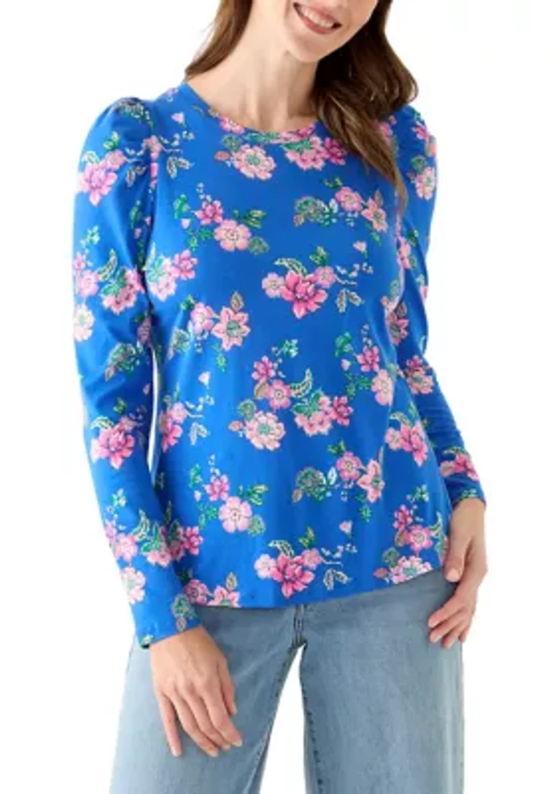 Women's Long Sleeve Pleated Shoulder Print T-Shirt