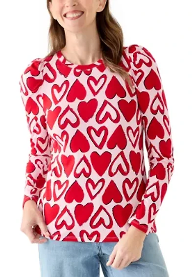 Women's Long Sleeve Pleated Shoulder Print T-Shirt