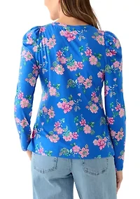 Women's Long Sleeve Pleated Shoulder Print T-Shirt