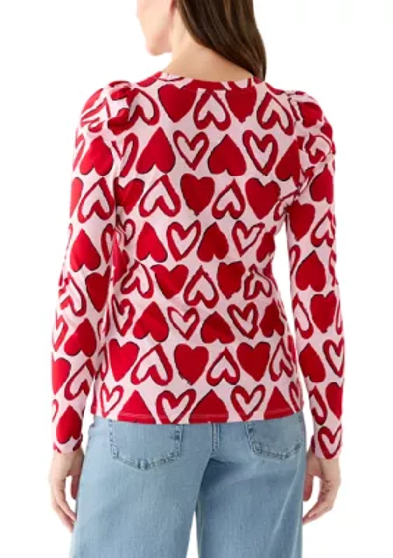 Women's Long Sleeve Pleated Shoulder Print T-Shirt