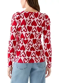 Women's Long Sleeve Pleated Shoulder Print T-Shirt