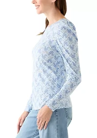 Women's Long Sleeve Pleated Shoulder Print T-Shirt