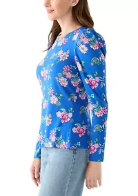 Women's Long Sleeve Pleated Shoulder Print T-Shirt