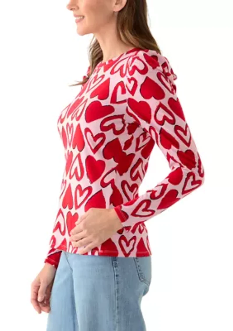 Women's Long Sleeve Pleated Shoulder Print T-Shirt