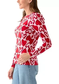 Women's Long Sleeve Pleated Shoulder Print T-Shirt