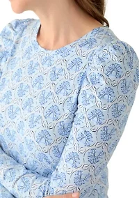 Women's Long Sleeve Pleated Shoulder Print T-Shirt