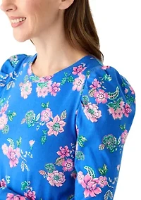 Women's Long Sleeve Pleated Shoulder Print T-Shirt