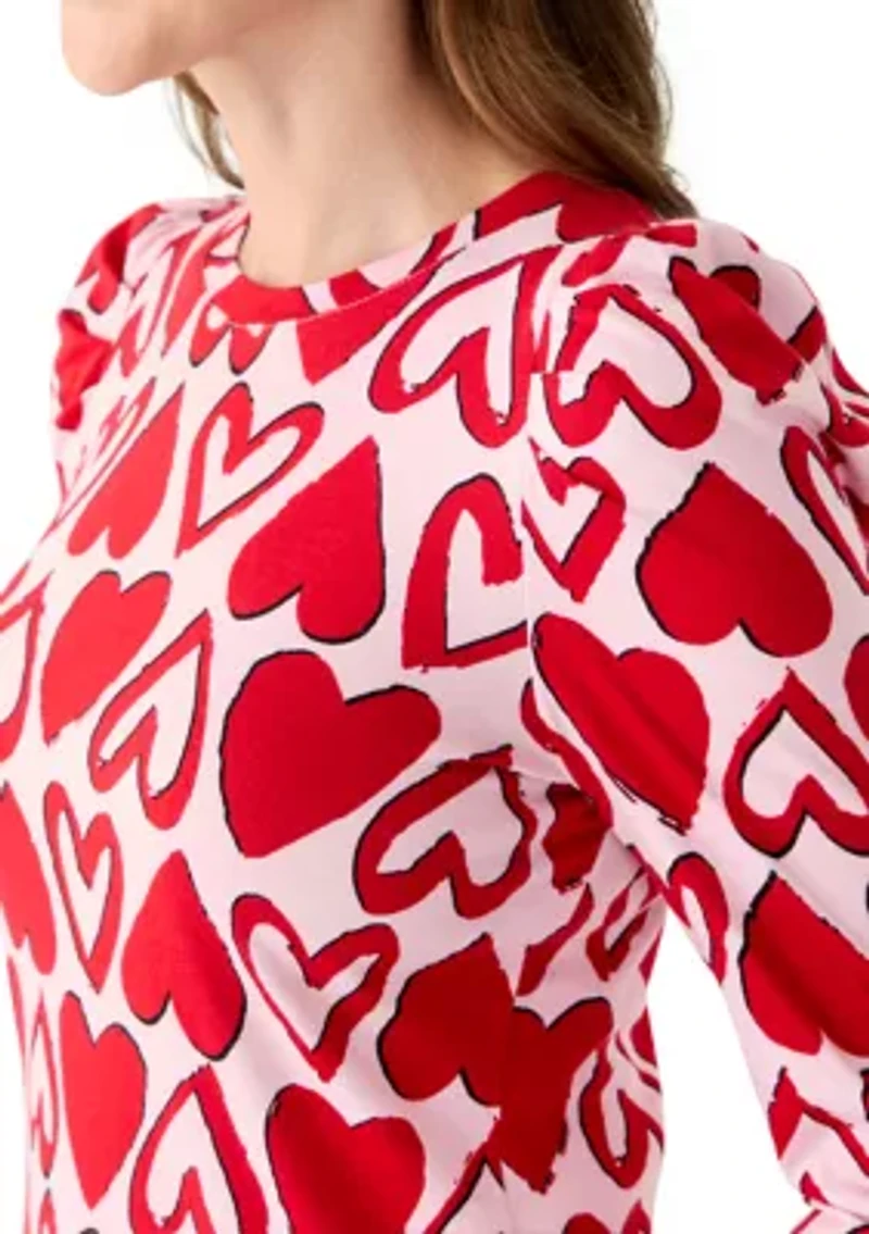 Women's Long Sleeve Pleated Shoulder Print T-Shirt