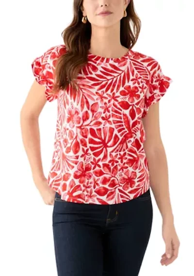 Women's Short Ruffle Sleeve Printed T-Shirt