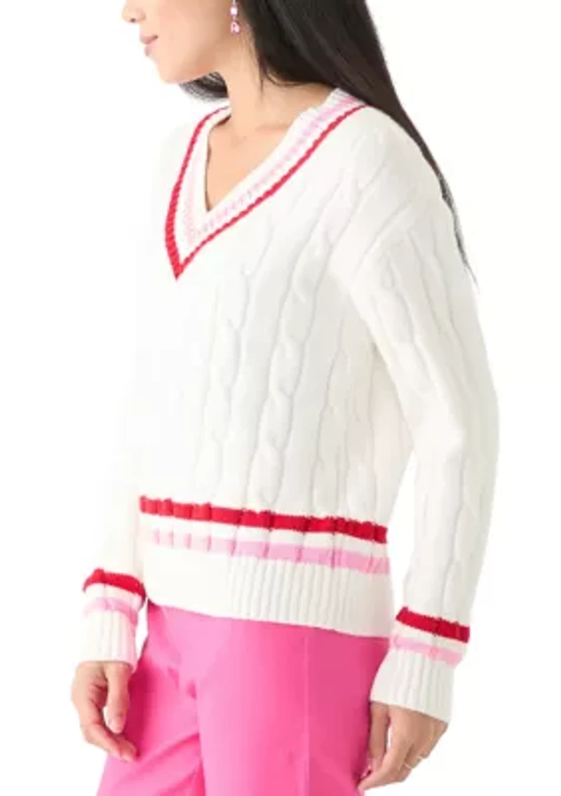 Petite Long Sleeve V-Neck Varsity Sweater