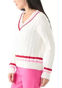 Petite Long Sleeve V-Neck Varsity Sweater