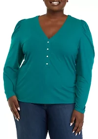 Plus Puff Sleeve Ribbed Henley Shirt