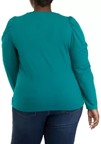 Plus Puff Sleeve Ribbed Henley Shirt