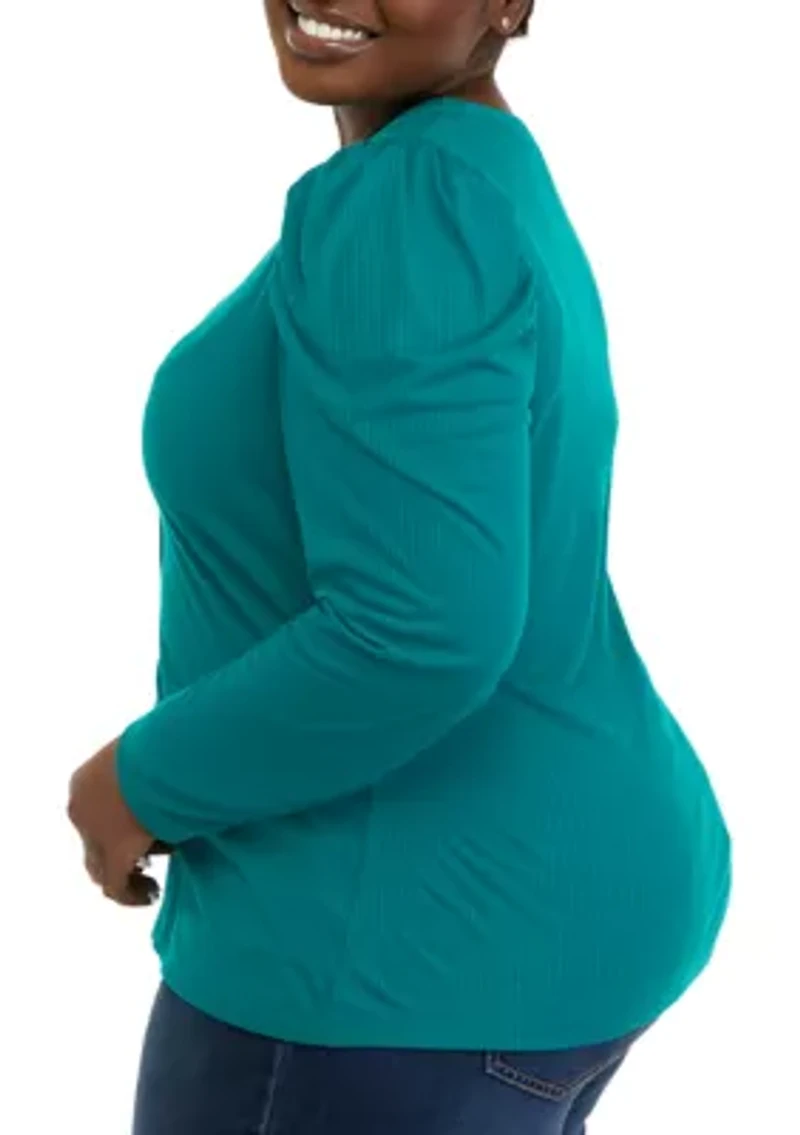 Plus Puff Sleeve Ribbed Henley Shirt