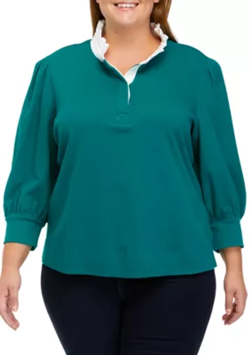 Plus 3/4 Sleeve Swing Ruffle Polo Shirt