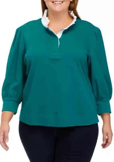 Plus 3/4 Sleeve Swing Ruffle Polo Shirt