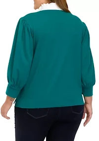 Plus 3/4 Sleeve Swing Ruffle Polo Shirt