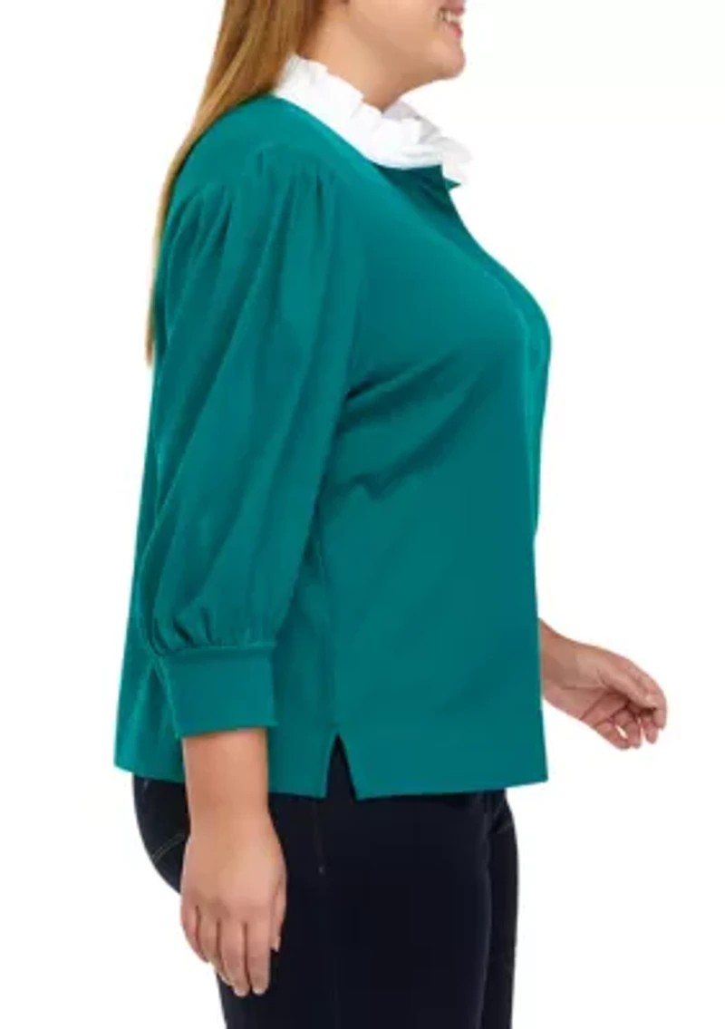 Plus 3/4 Sleeve Swing Ruffle Polo Shirt