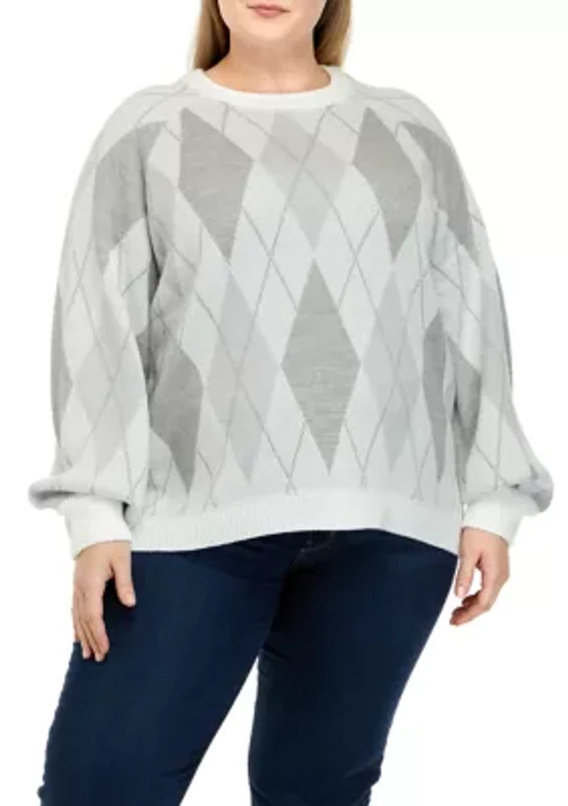 Plus Long Sleeve Argyle Jacquard Crew Neck Sweater
