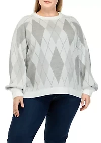 Plus Long Sleeve Argyle Jacquard Crew Neck Sweater