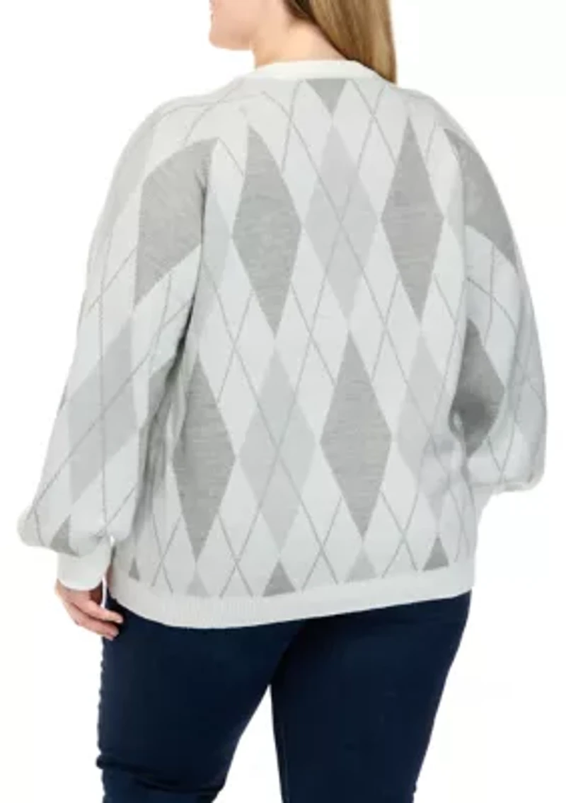 Plus Long Sleeve Argyle Jacquard Crew Neck Sweater