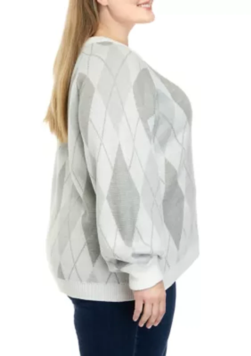 Plus Long Sleeve Argyle Jacquard Crew Neck Sweater