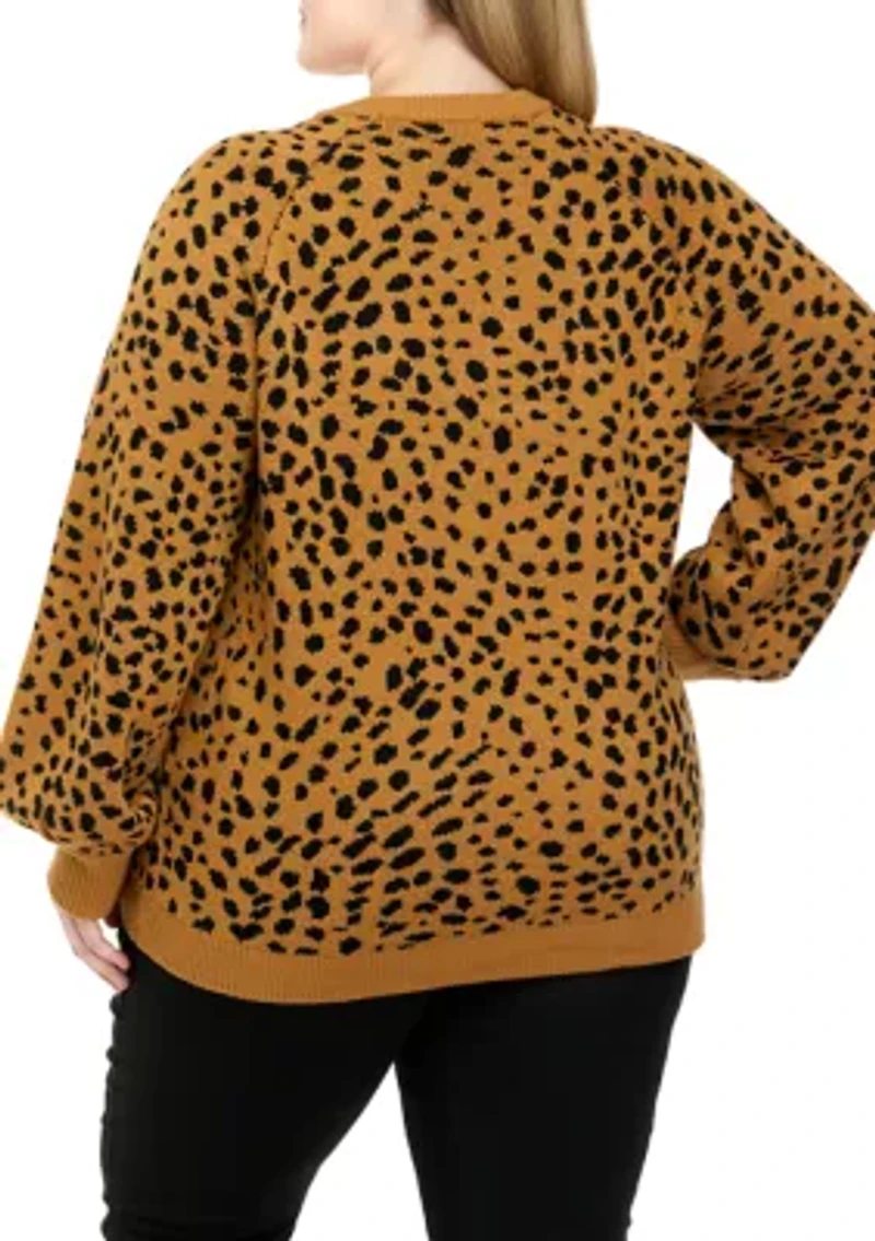 Plus Long Sleeve Animal Print Jacquard Crew Neck Sweater