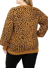 Plus Long Sleeve Animal Print Jacquard Crew Neck Sweater
