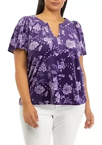 Plus Printed Top with Gathered Shoulders