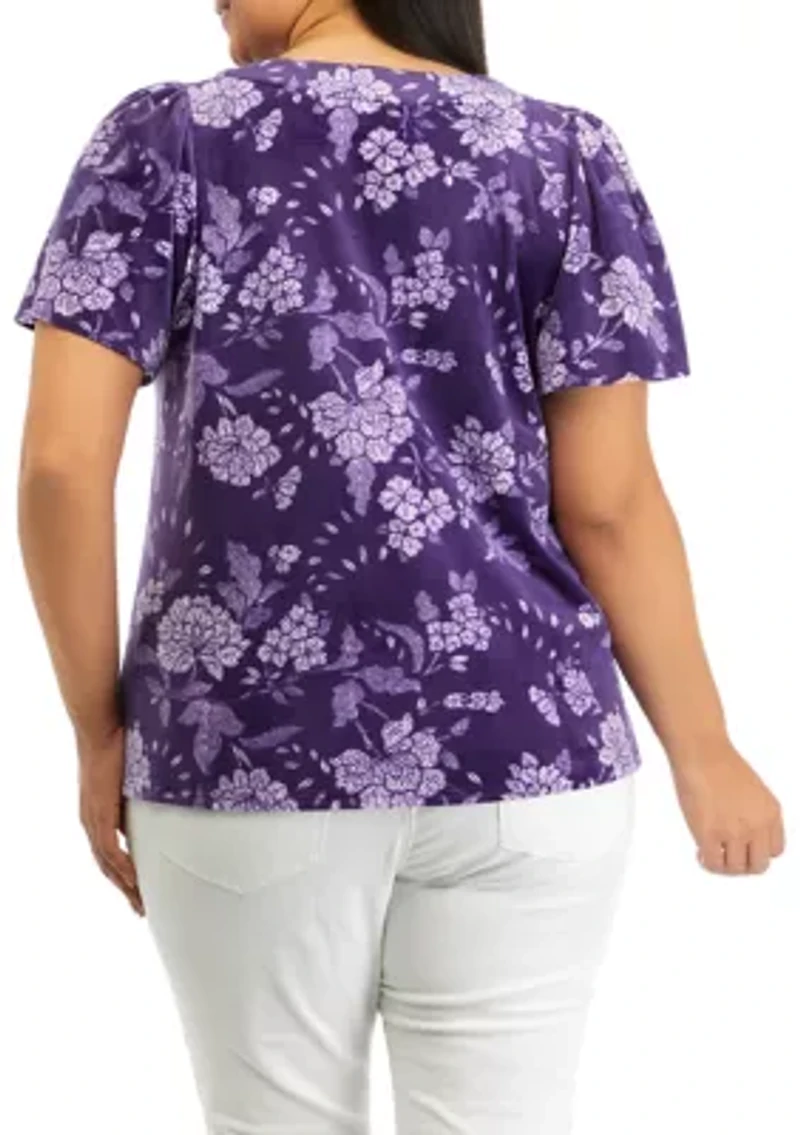 Plus Printed Top with Gathered Shoulders