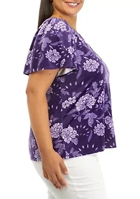 Plus Printed Top with Gathered Shoulders