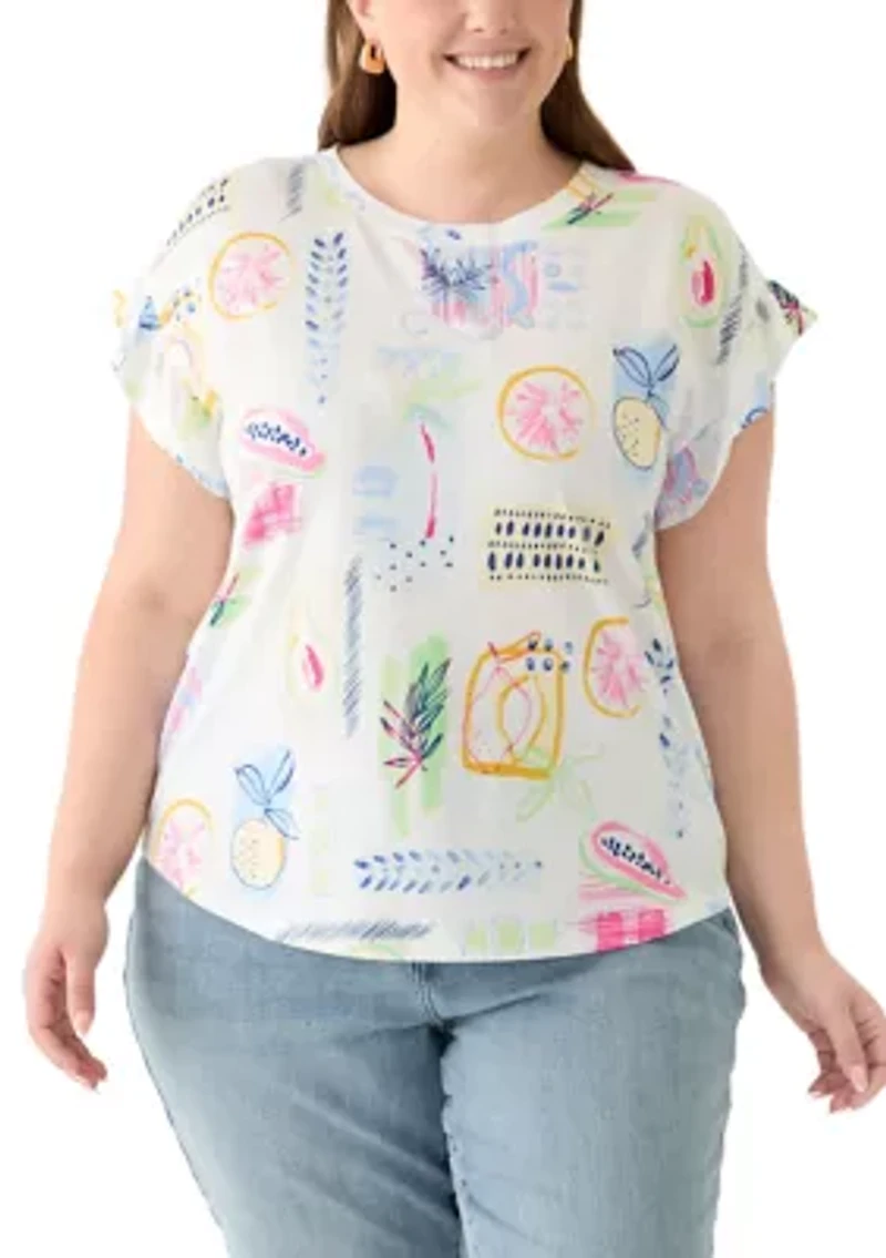 Plus Short Ruffle Sleeve Printed T-Shirt