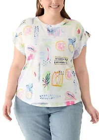 Plus Short Ruffle Sleeve Printed T-Shirt