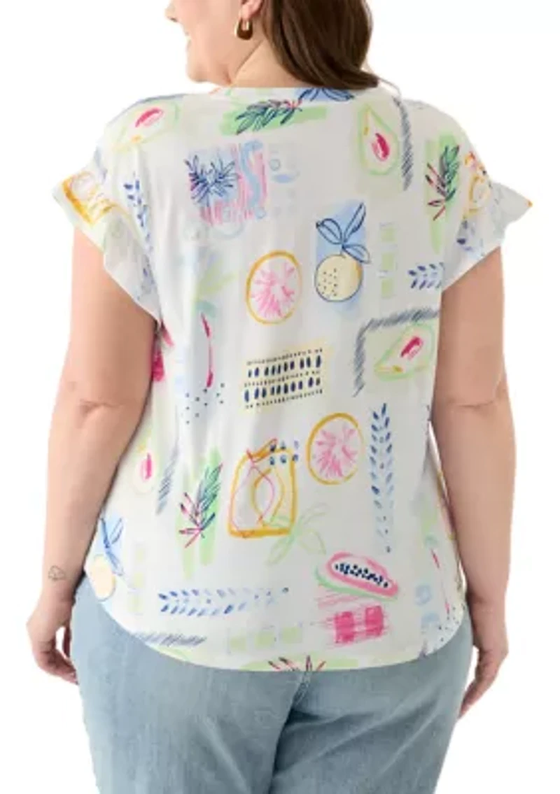 Plus Short Ruffle Sleeve Printed T-Shirt