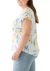 Plus Short Ruffle Sleeve Printed T-Shirt