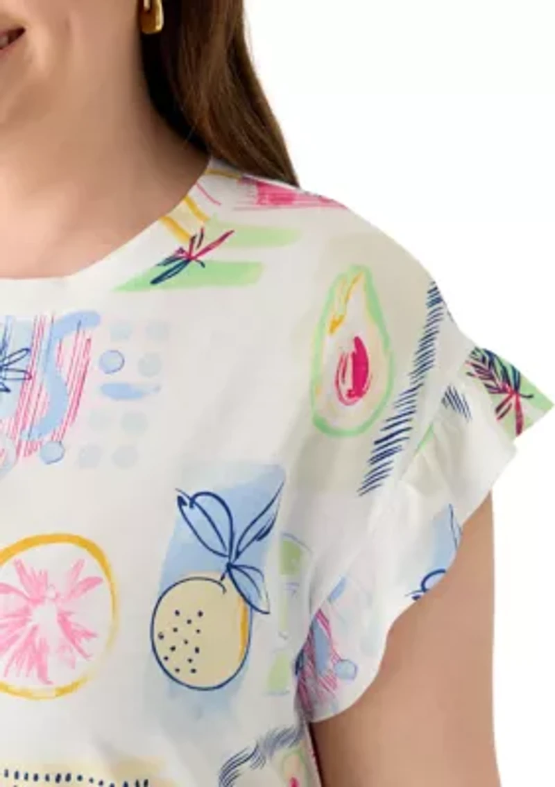 Plus Short Ruffle Sleeve Printed T-Shirt