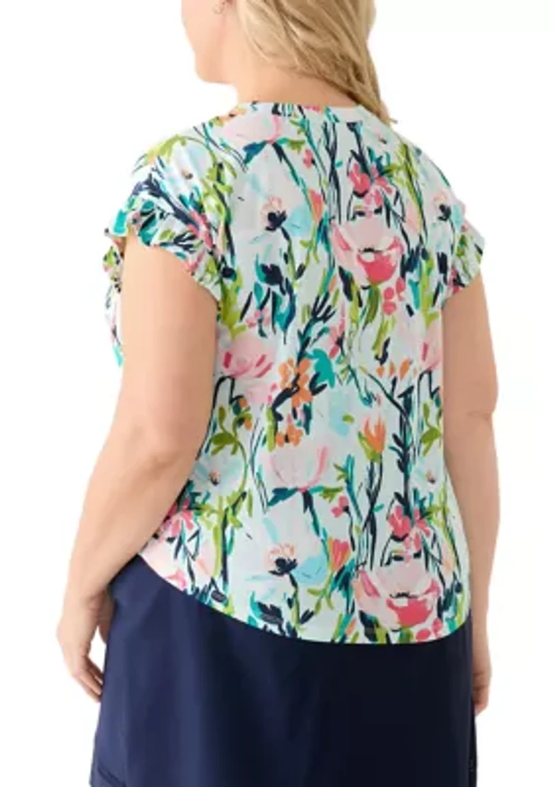 Plus Short Sleeve Ruffle Printed T-Shirt